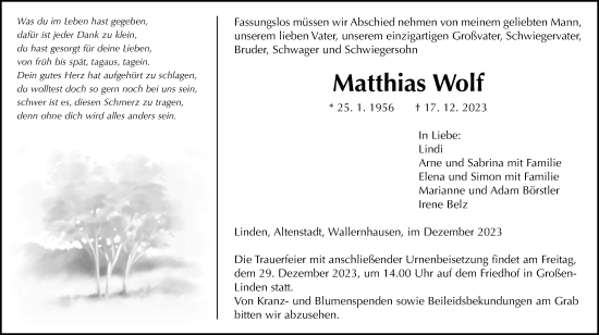 Traueranzeige von Matthias Wolf von Giessener Allgemeine, Alsfelder Allgemeine, Kreis-Anzeiger