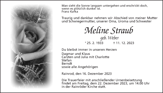 Traueranzeige von Meline Straub von Kreis-Anzeiger