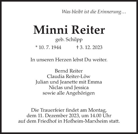 Traueranzeige von Minni Reiter 