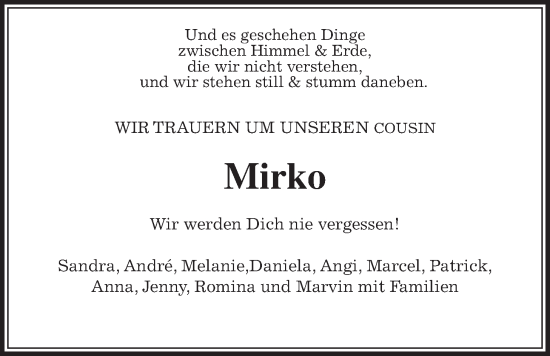 Traueranzeige von Mirko  von Giessener Allgemeine, Alsfelder Allgemeine, Wetterauer Zeitung, Kreis-Anzeiger