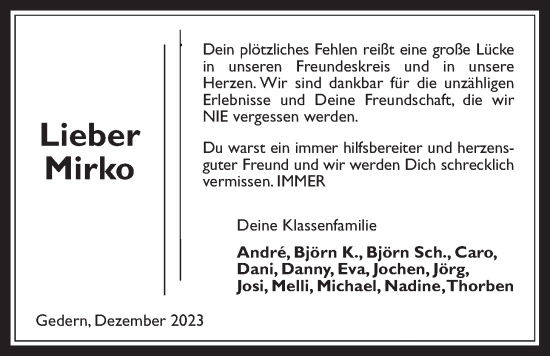 Traueranzeige von Mirko  von Kreis-Anzeiger