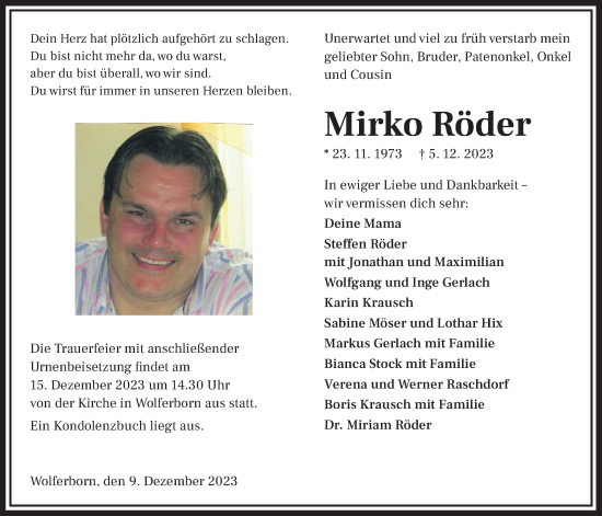 Traueranzeige von Mirko Röder von Kreis-Anzeiger