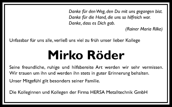 Traueranzeige von Mirko Röder von Kreis-Anzeiger