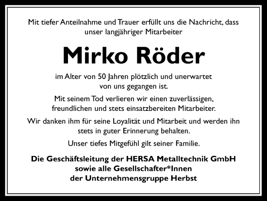 Traueranzeige von Mirko Röder von Kreis-Anzeiger