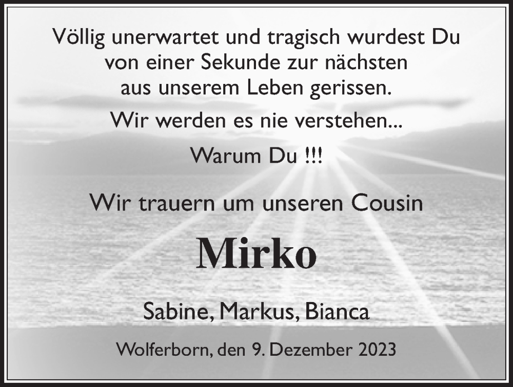  Traueranzeige für Mirko Röder vom 09.12.2023 aus Kreis-Anzeiger