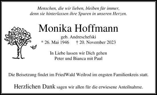 Traueranzeige von Monika Hoffmann von Usinger Anzeiger