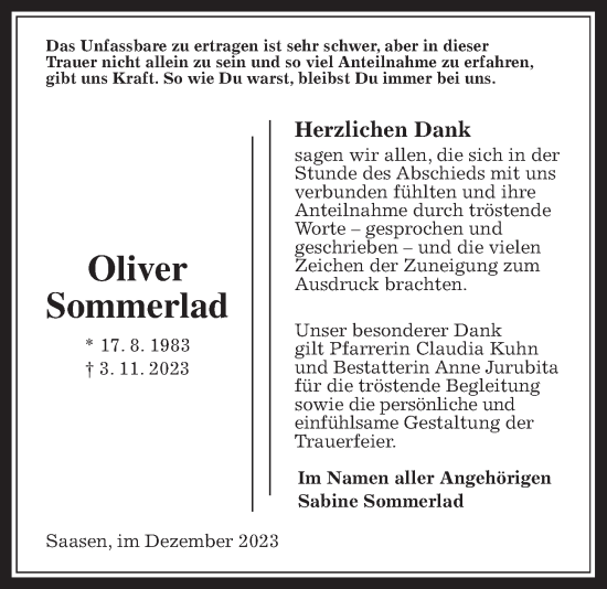 Traueranzeige von Oliver Sommerlad von Giessener Allgemeine, Alsfelder Allgemeine