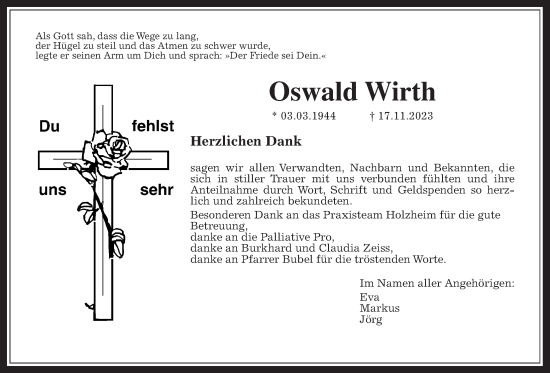Traueranzeige von Oswald Wirth von Pohlheimer Nachrichten