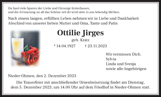Traueranzeige von Ottilie Jirges von Alsfelder Allgemeine