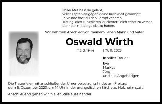 Traueranzeige von Owald Wirth von Giessener Allgemeine, Alsfelder Allgemeine