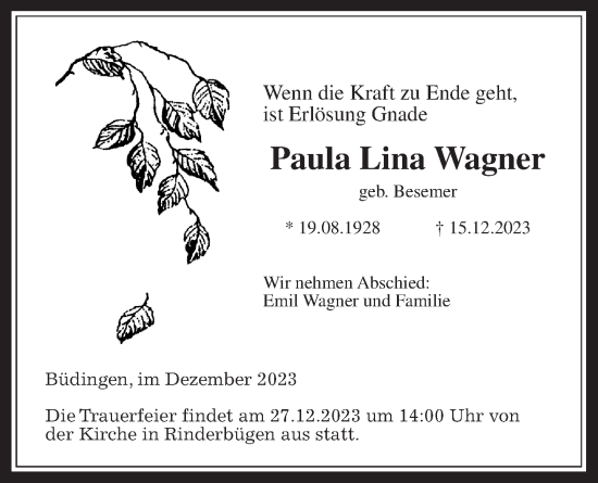 Traueranzeige von Paula Lina Wagner von Kreis-Anzeiger
