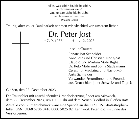 Traueranzeige von Peter Jost von Giessener Allgemeine, Alsfelder Allgemeine, Giessener Anzeiger