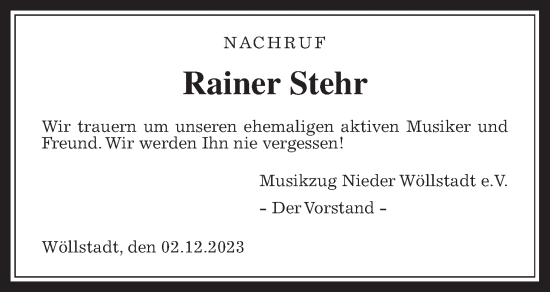 Traueranzeige von Rainer Stehr von Wetterauer Zeitung