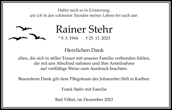 Traueranzeige von Rainer Stehr von Bad Vilbel/Karben