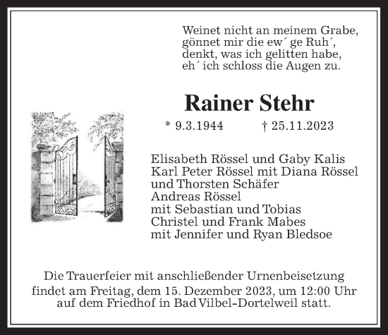 Traueranzeige von Rainer Stehr von Wetterauer Zeitung