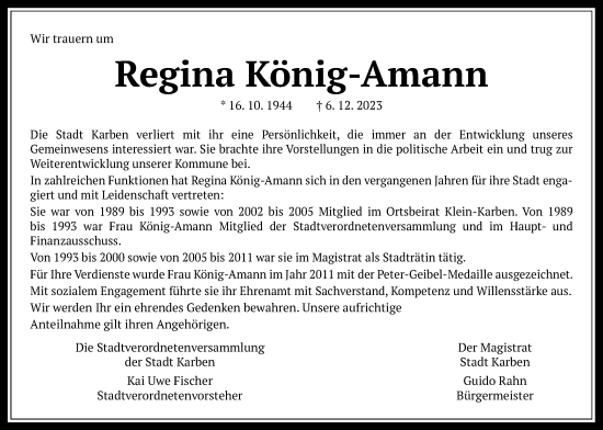 Traueranzeige von Regina König-Amann von Usinger Anzeiger, Wetterauer Zeitung