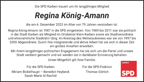 Traueranzeige von Regina König-Amann von Wetterauer Zeitung