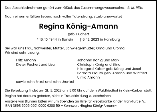 Traueranzeige von Regina König-Amann von Wetterauer Zeitung, Bad Vilbel/Karben