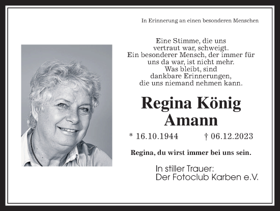 Traueranzeige von Regina König Amann von Wetterauer Zeitung, 