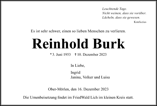 Traueranzeige von Reinhold Burk von Wetterauer Zeitung