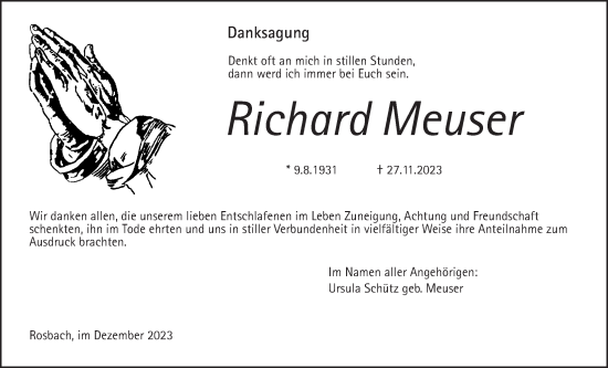 Traueranzeige von Richard Meuser von Wetterauer Zeitung