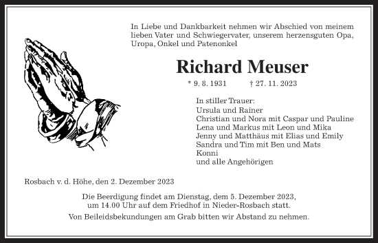 Traueranzeige von Richard Meuser von Wetterauer Zeitung