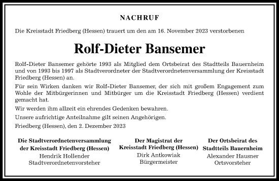Traueranzeige von Rolf-Dieter Bansemer von Wetterauer Zeitung