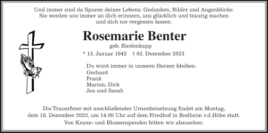 Traueranzeige von Rosemarie Benter von Wetterauer Zeitung