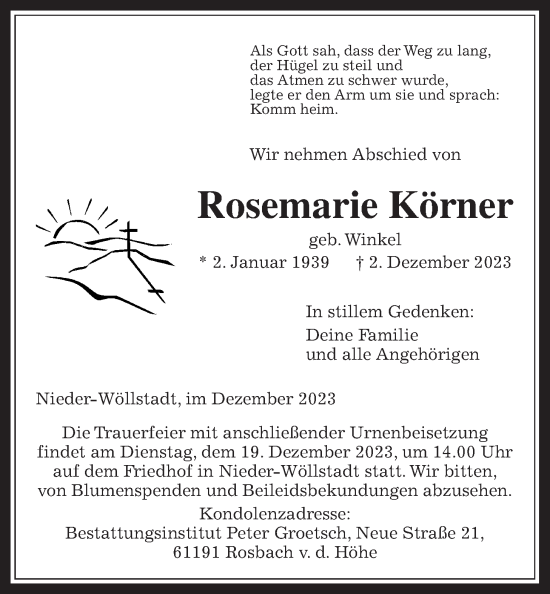 Traueranzeige von Rosemarie Körner von Wetterauer Zeitung