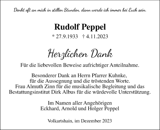 Traueranzeige von Rudolf Peppel von Kreis-Anzeiger
