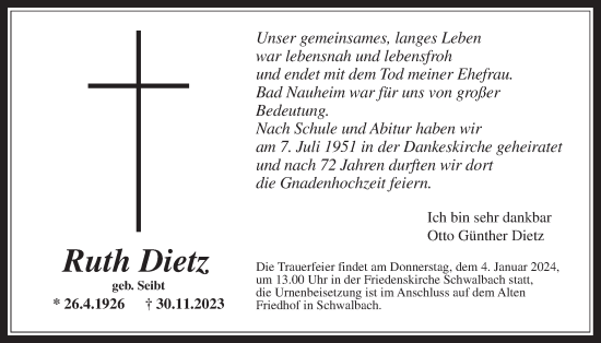 Traueranzeige von Ruth Dietz von Wetterauer Zeitung