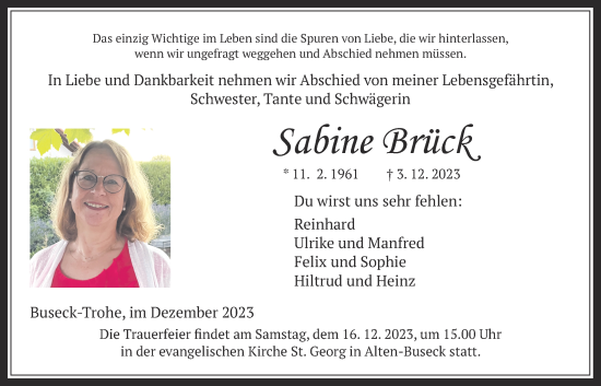 Traueranzeige von Sabine Brück von Giessener Anzeiger, Giessener Allgemeine, Alsfelder Allgemeine