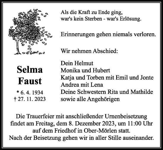 Traueranzeige von Selma Faust von Wetterauer Zeitung