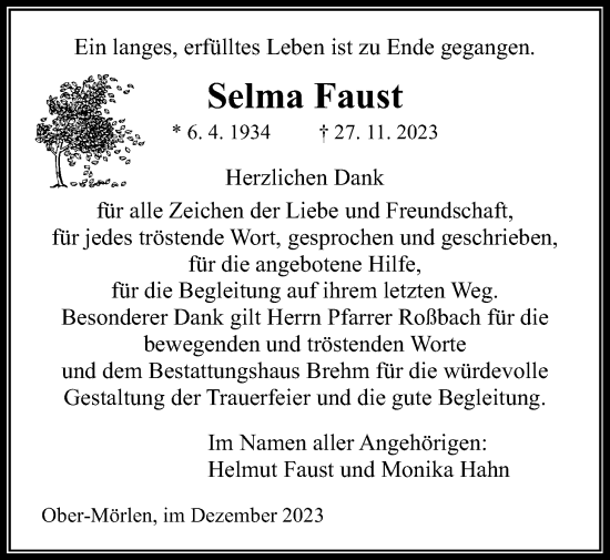 Traueranzeige von Selma Faust von Wetterauer Zeitung