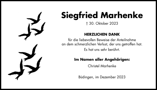 Traueranzeige von Siegfried Marhenke von Kreis-Anzeiger