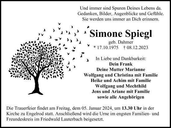 Traueranzeige von Simone Spiegl von Alsfelder Allgemeine