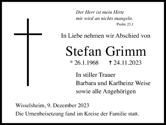 Traueranzeige von Stefan Grimm von Wetterauer Zeitung