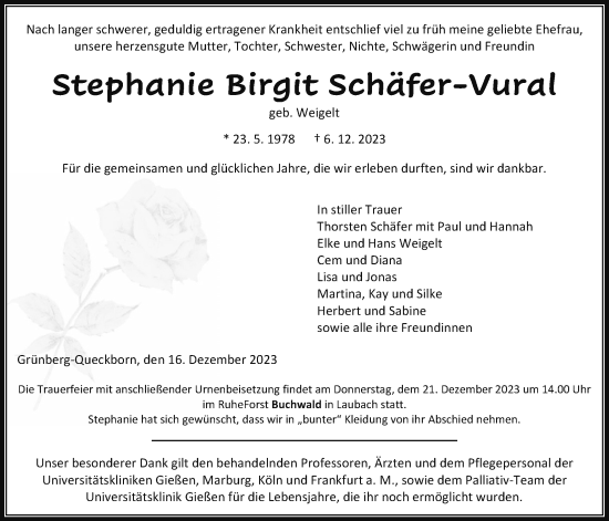 Traueranzeige von Stephanie Birgit Schäfer-Vural von Giessener Allgemeine, Alsfelder Allgemeine, Giessener Anzeiger