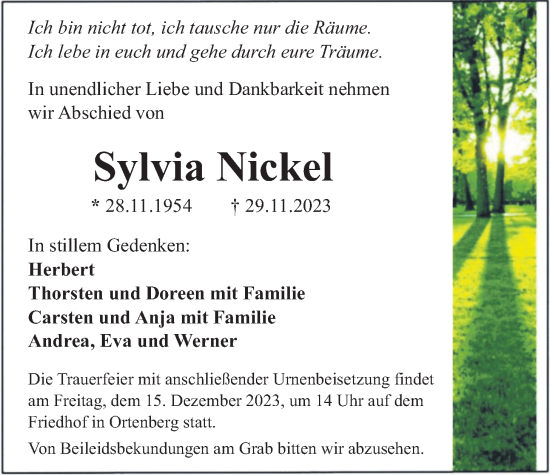 Traueranzeige von Sylvia Nickel von Kreis-Anzeiger