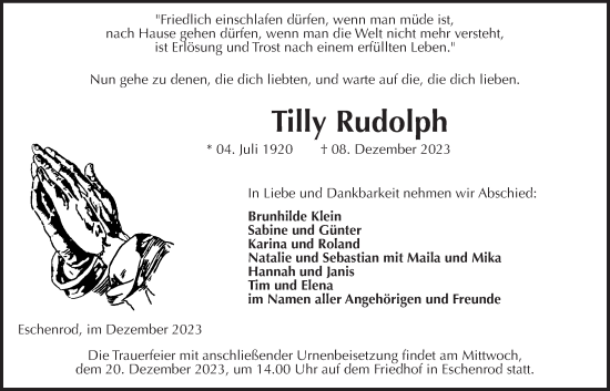 Traueranzeige von Tilly Rudolph von Kreis-Anzeiger