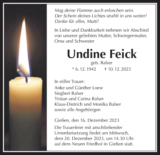 Traueranzeige von Undine Feick von Giessener Allgemeine, Alsfelder Allgemeine