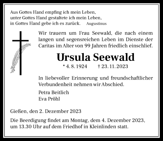 Traueranzeige von Ursula Seewald von Giessener Allgemeine, Alsfelder Allgemeine