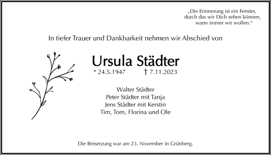 Traueranzeige von Ursula Städter von Giessener Anzeiger, Giessener Allgemeine, Alsfelder Allgemeine