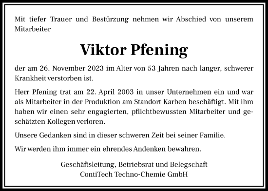 Traueranzeige von Viktor Pfening von Wetterauer Zeitung