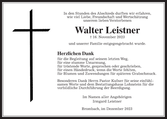 Traueranzeige von Walter Leistner von Usinger Anzeiger