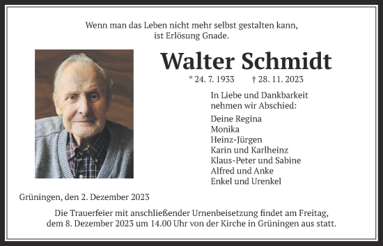 Traueranzeige von Walter Schmidt von Giessener Anzeiger, Giessener Allgemeine, Alsfelder Allgemeine