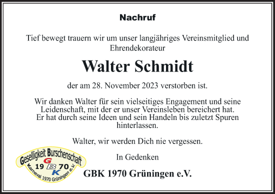 Traueranzeige von Walter Schmidt von Giessener Anzeiger