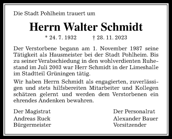 Traueranzeige von Walter Schmidt von Pohlheimer Nachrichten
