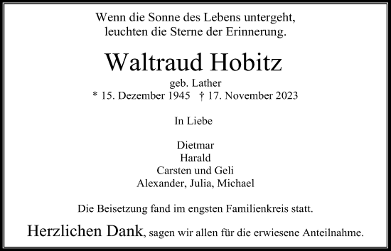 Traueranzeige von Waltraud Hobitz von Usinger Anzeiger