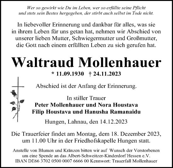 Traueranzeige von Waltraud Mollenhauer von Licher Wochenblatt